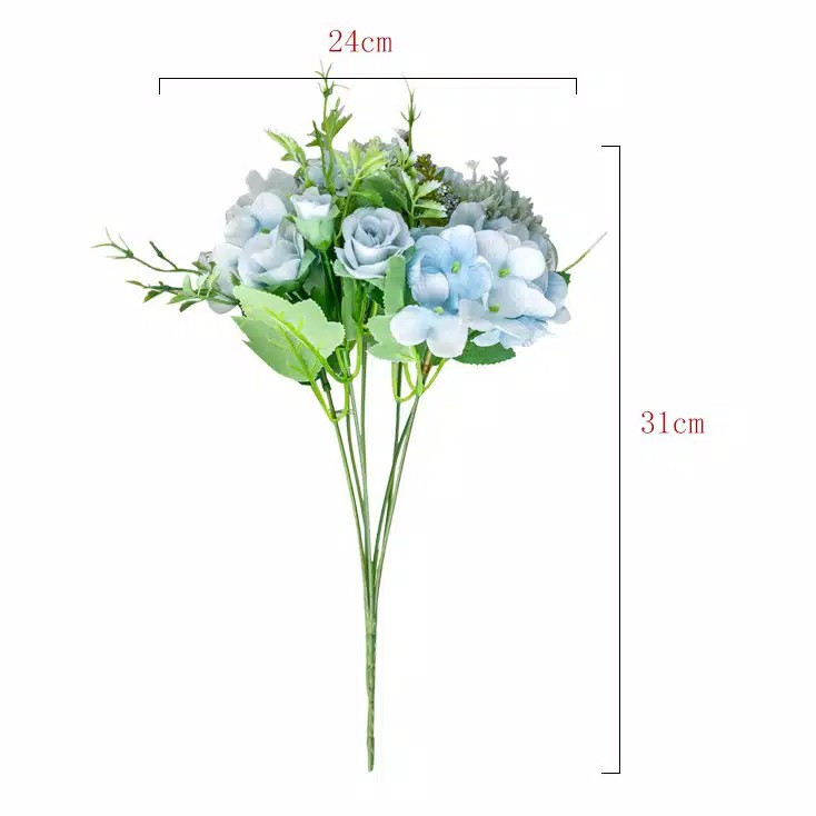 Bunga Artificial 7 Tangkai Mix Hydrangea Pompom Rose Buket Bunga Plastik Kualitas Premium