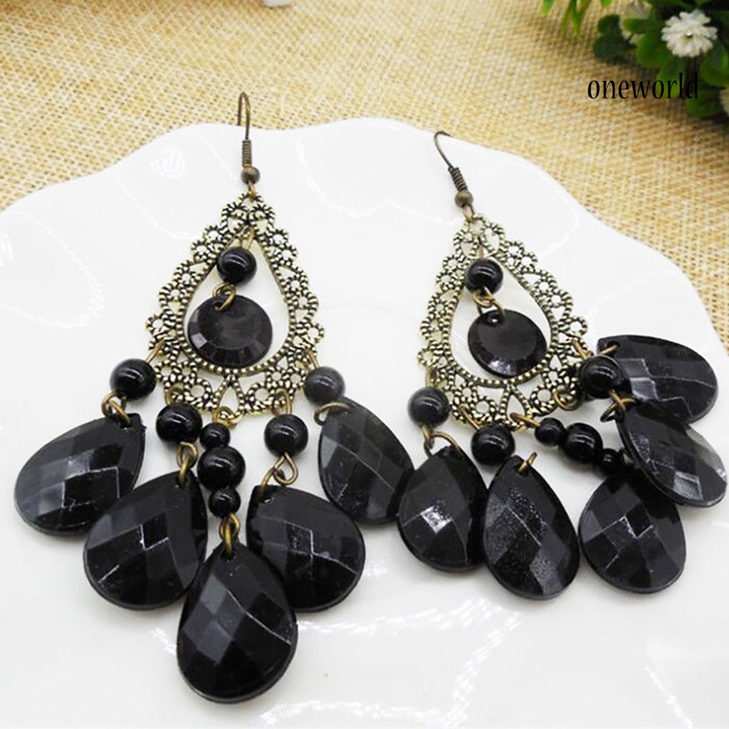 OW@ 1 Pair Hoop Earrings Exquisite Bright Hollow Pendant Water Drop Beads Earrings for Daily Life