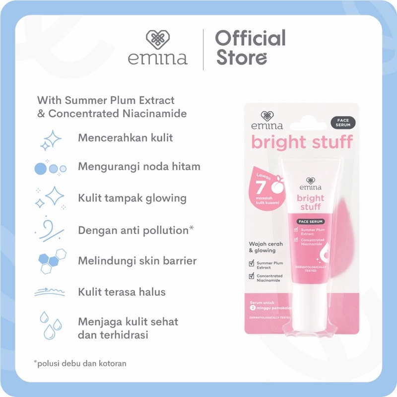 EMINA Bright Stuff Series Indonesia / Facial Wash Face Scrub Micellar Water Essence Toner Mist Serum Day Night Eye Cream Sunscreen Sheet Clay Mask Masker Moisturizing Lip Tint Matte Gloss / Ms Pimple Acne Solution Sun Protection Battle Spf Gel Paket Glow