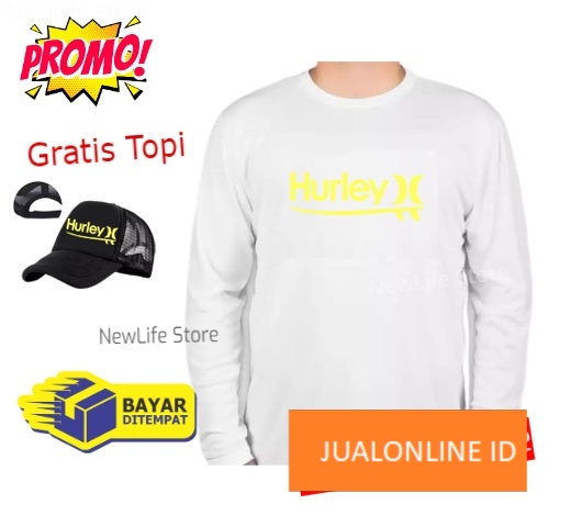 Beli Baju Gratis Topi - Kaos Distro Hurley Kuning  Premium Pria Wanita Lengan Panjang
