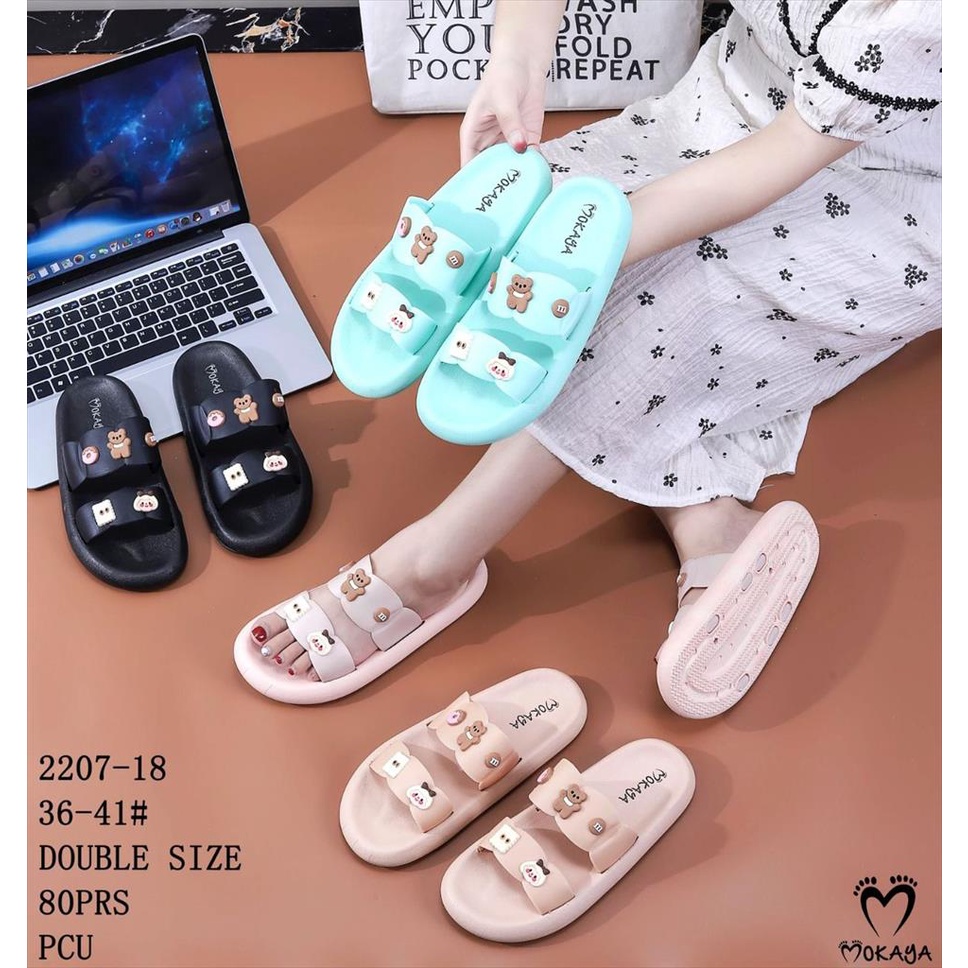 Sandal Slop Jelly Karet Wanita Korea Ban 2 Jibbitz Bear Donuts Lucu Cantik Import Mokaya / Size 36-41 (2207-18)