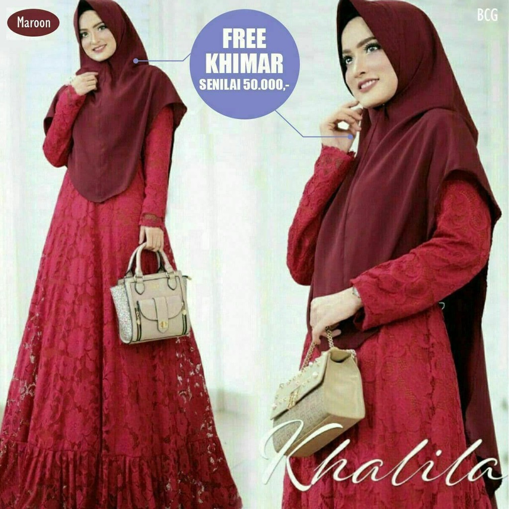 Gamis Khalila Baju Brokat Broklat Kebaya Muslim Pesta Kondangan Ramadhan Free Hijab Khimar