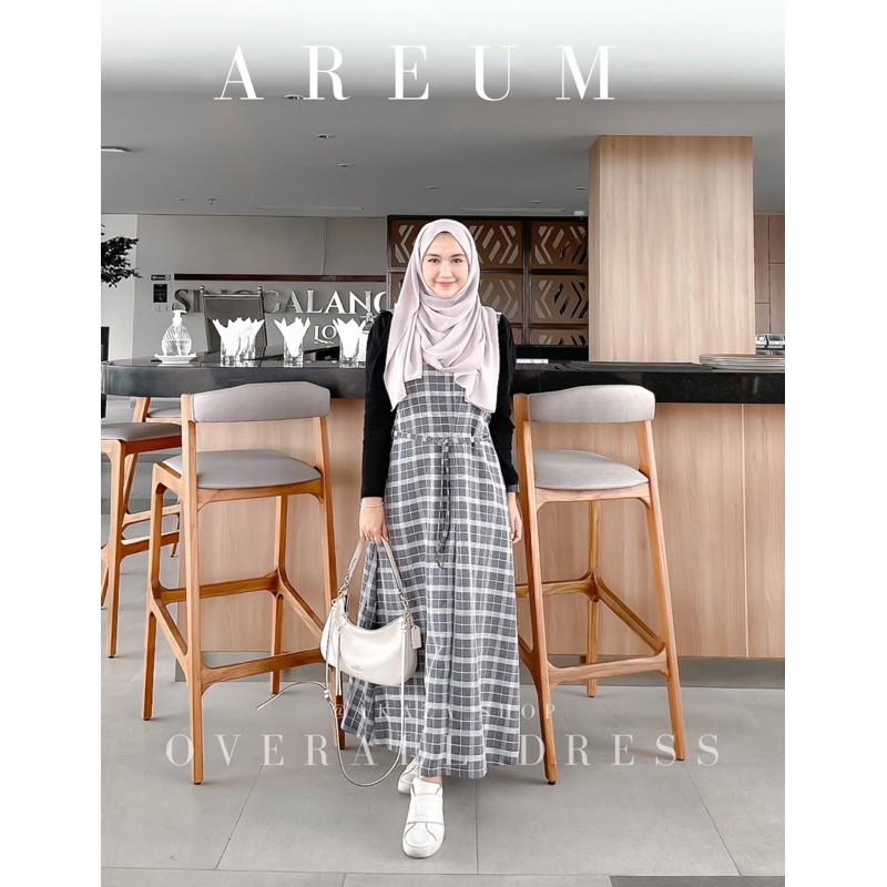 AREUM OVERALL By Akaza / overall dress wanita muslim kotak2 katun linen