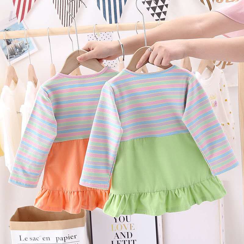 Dress anak perempuan jumpsuit / rok ruffle +lengan panjang motif garis garis gaun anak cewek lucu import-1