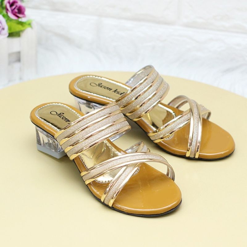 Sandal Hak Kaca Anak Perempuan Glosy Tali Silang Chunky Heels 3 Cm Sendal Sepatu Anak Cewe Murah GLS