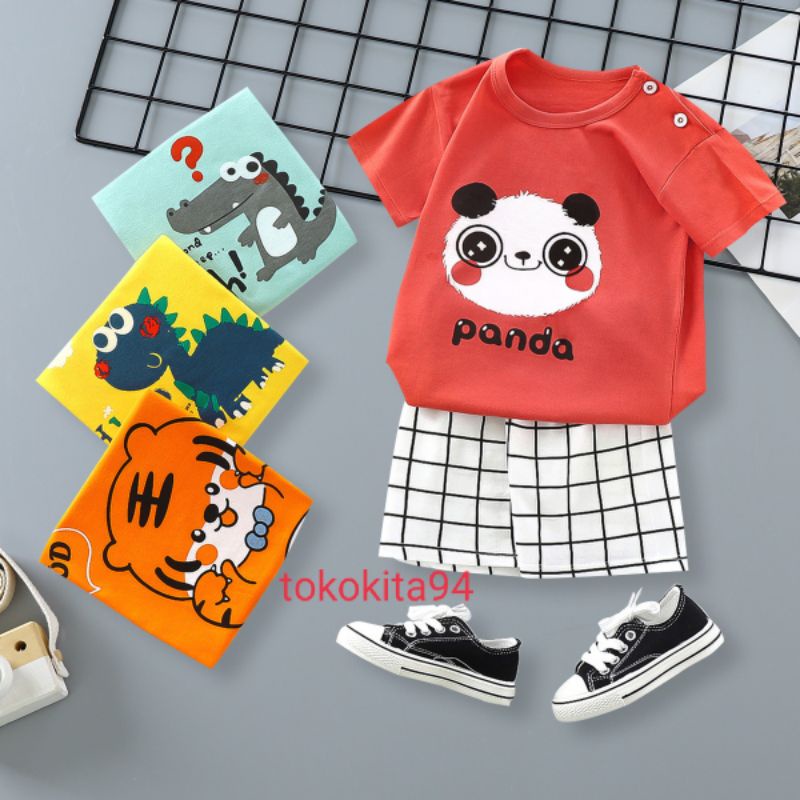 Setelan Baju Anak  Import Motif Lucu Kartun Baju + Celana - Baju Bayi 1Set Atas Bawah Korea Motif Kartun - Baju Anak Homewear 1Set Cewek Cowok Korea Import Lengan Pendek- Stelan Baju Anak Import