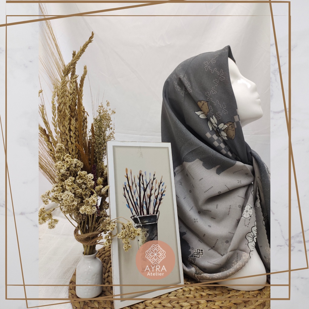 HIJAB SYARI SEGIEMPAT KERUDUNG JUMBO MOTIF JILBAB BESAR KERUDUNG JUMBO LASERCUT 130 cm JILBAB SYAR'I 130cm azzura Aubrey-F Grey