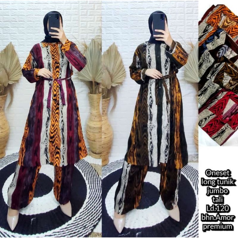 NEW ONE SET RAYON AMORE PREMIUM LONG TUNIK JUMBO MOTIF CANTIK SERAT KAYU FIT TO XL, LD -/+120CM