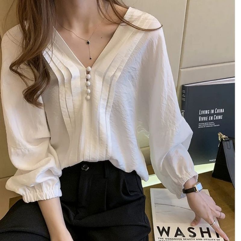 MDLV ~ 2890# Denissa V-neck Top Atasan Blouse Lengan Panjang Fashion Import