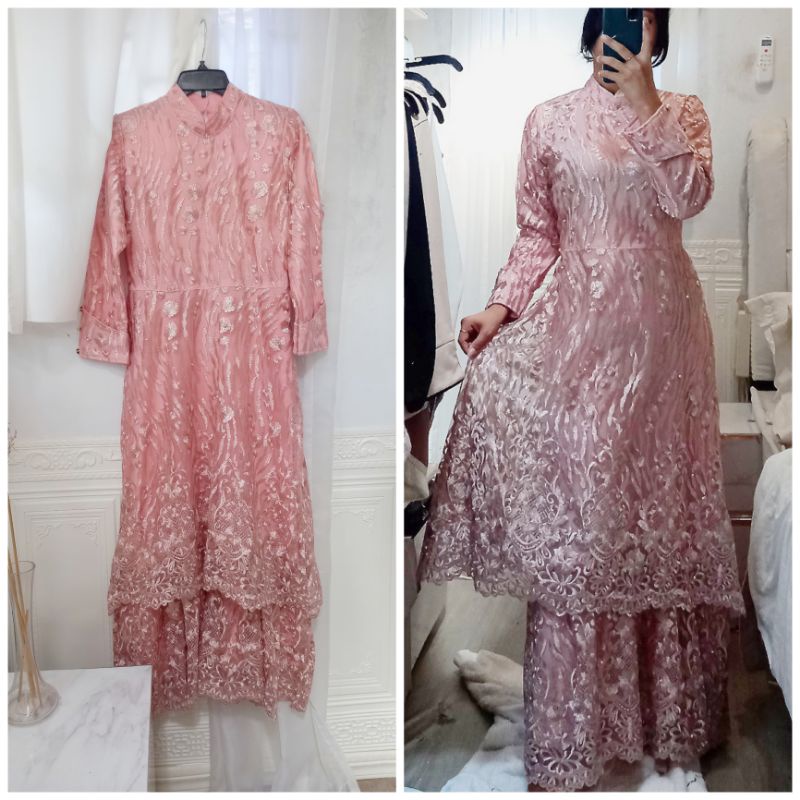 Gamis Pesta Soft Pink Coklat Baju Muslim Dress Pesta Tingkat 2 Baju Lebaran