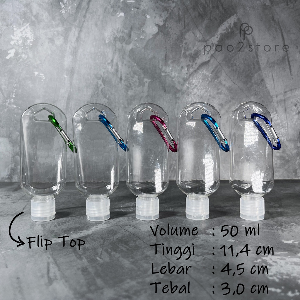 Botol Fliptop / Flip Top 50ml Plastik PET + Gantungan / Carabiner Hand Sanitizer Gel