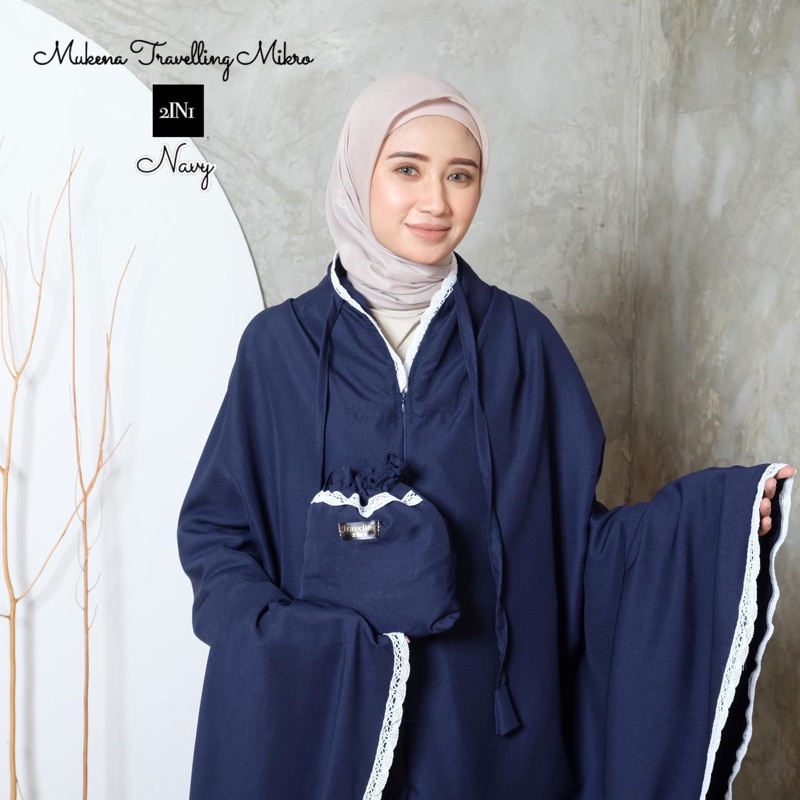 Mukena Katun Mikro 2in1 Polos dengan Tas Serut Pouch Cantik Mukena Dewasa Navy Biru Wardah Greentea 