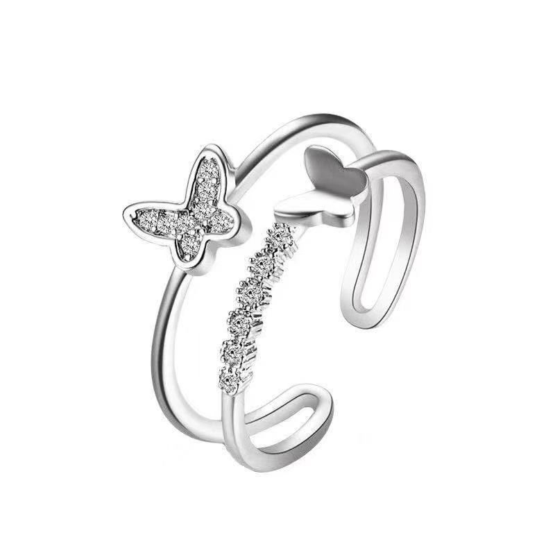 Kupu-kupu Kreatif Cincin Berlian Kristal Mengkilap Baja Titanium Perak Emas Mawar Perhiasan Fashion Wanita Pernikahan Rings