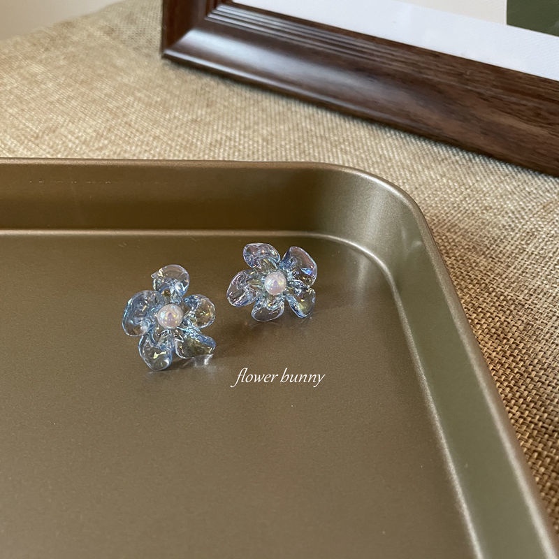 2 silver clear biru muda kristal transparan bunga stud anting-anting lucu peri biru muda musim semi