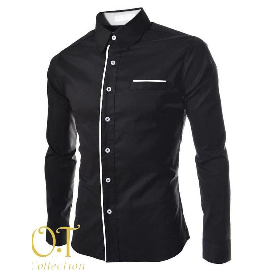 Kemeja Pria Formal Kerja Kantor Pnjang Hitam Polos Slim Fit XXL Distro