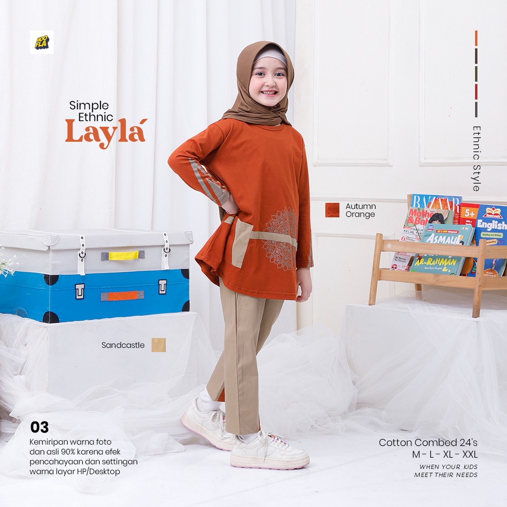 Hooflakids Baju Setelan Anak Perempuan Tanggung Atasan dan Bawahan Simple Ethnic Qais Untuk Usia 5 sampai 12 tahun