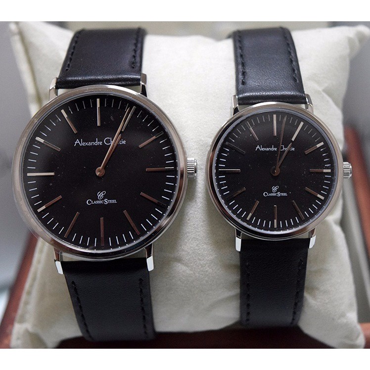 Jam AC Alexandre CHristie 8491 Couple Tali kulit Hitam Original F-14
