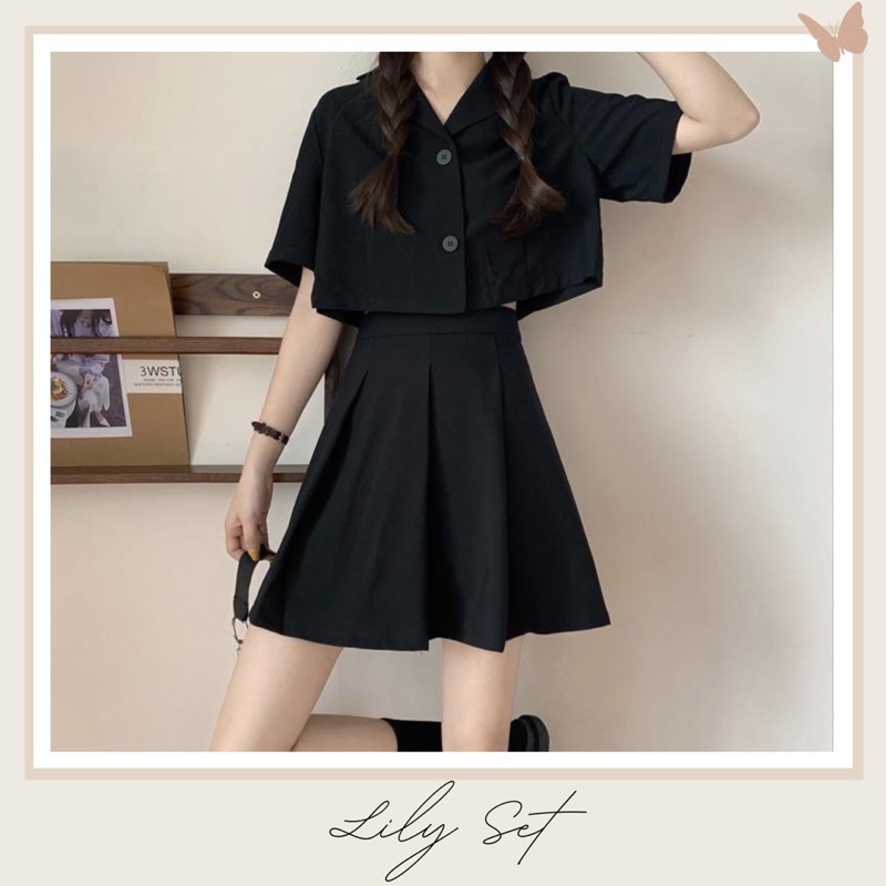 BKY - Korean Set Crop Shirt A Line Skirt Hangout Outfit - Lily