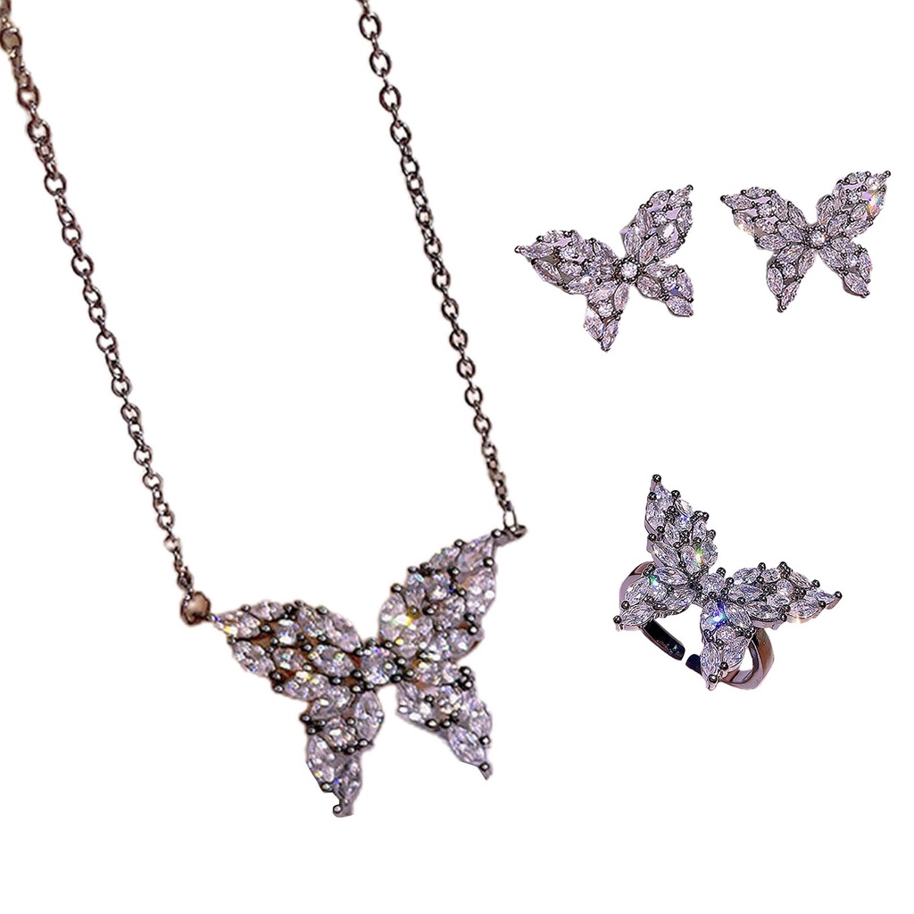 Hu Hu Hu Hu Hu Alat Bantu Pasang Kacamata♡ Kalung Anting Cincin Desain Kupu-Kupu Aksen Berlian Imitasi Untuk Wanita