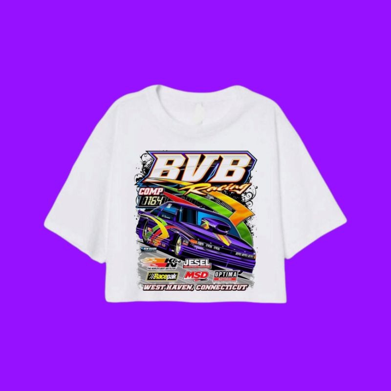 CROP TOP BVB RACING - KAOS BAJU PENDEK OVERSIZE NASCAR SERI VINTAGE - PUTIH WANITA 30s