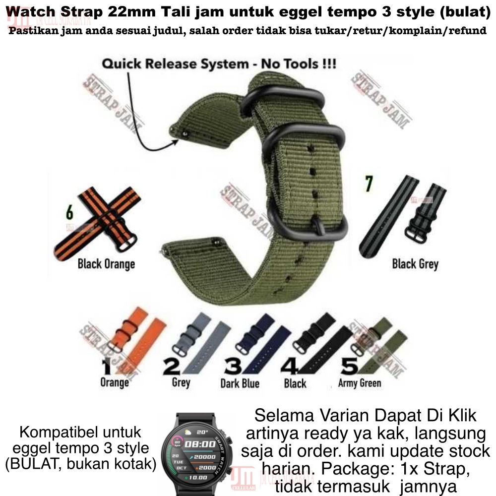 Stitching Watch Strap Eggel Tempo 3 Style (Bulat) - Tali Jam Tangan 22mm Nylon 3 Buckle