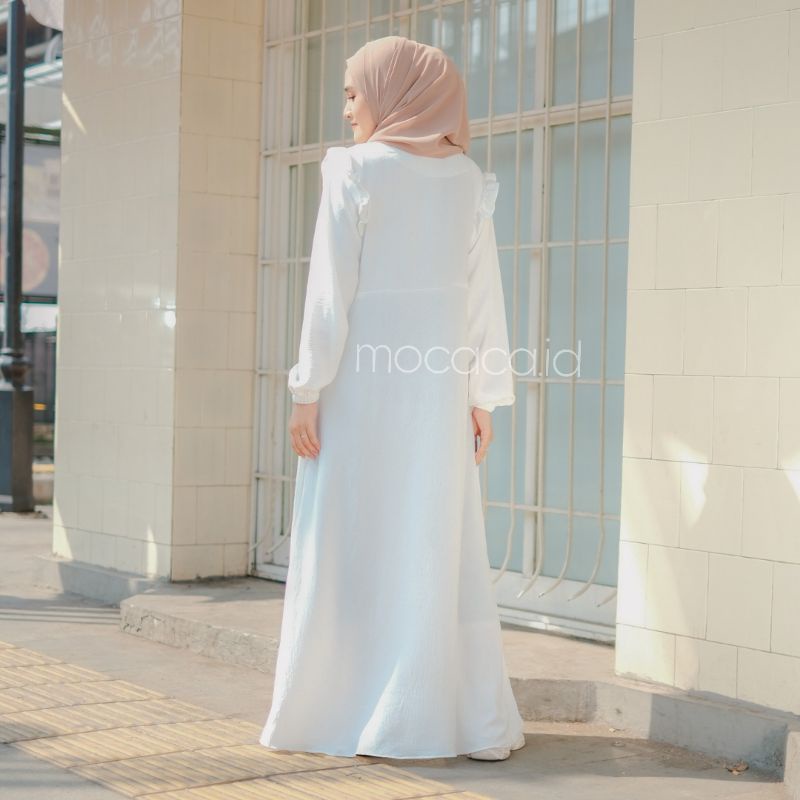 dress putih tulang hitam crincle premium renda dada busui friendly model rok payung sleting depan adem tidak menerawang gamis elegan