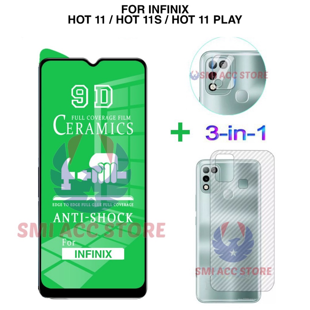 PAKET 3 in 1 INFINIX HOT 11 / HOT 11S / HOT 11 PLAY Tempered Glass Ceramic Film Nano Shield Clear HD