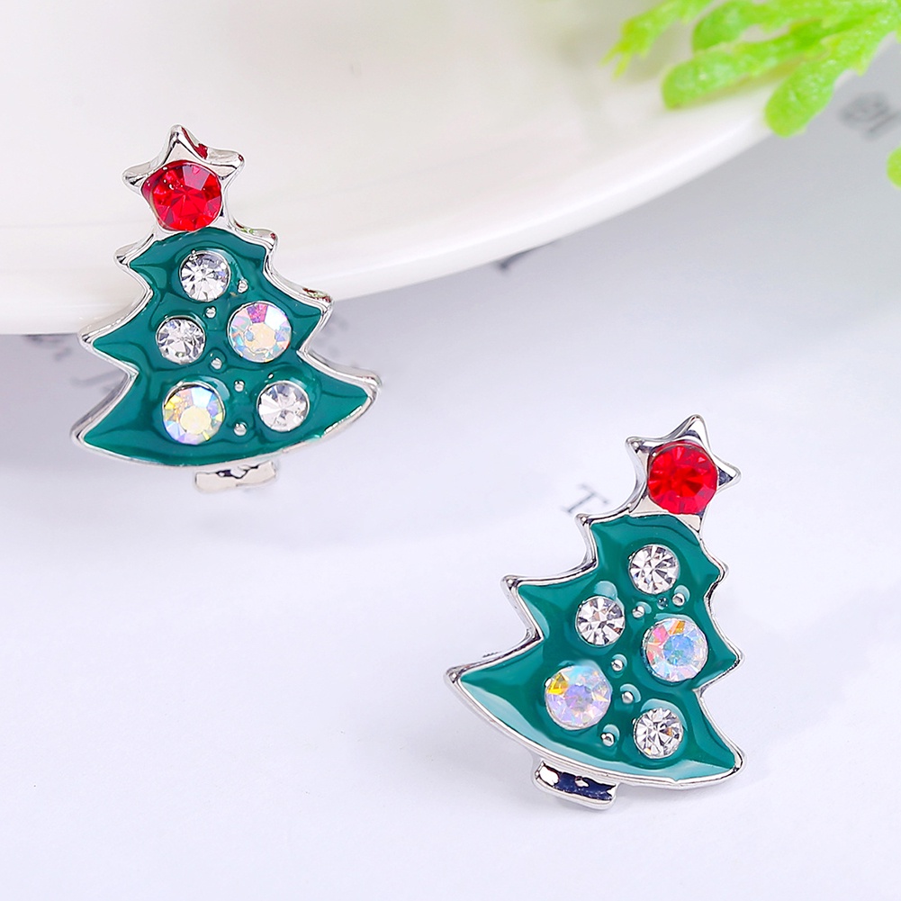 Hu Hu Hu Hu Hu Alat Bantu Pasang Kacamata♡ Anting Stud Desain Pohon Natal Bahan Alloy Aksen Berlian Imitasi Untuk Wanita