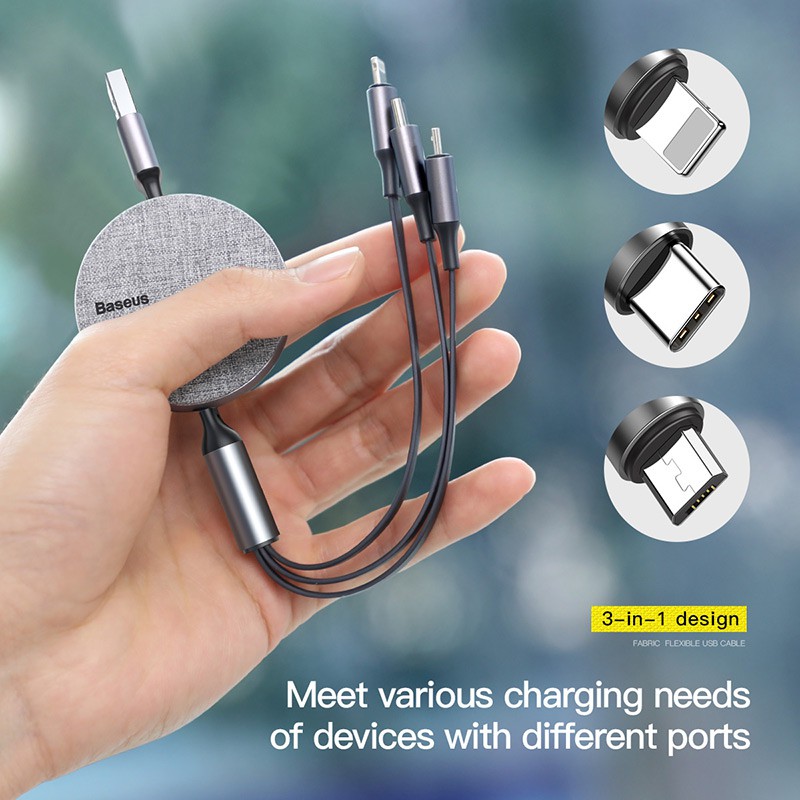 Baseus Kabel Data / Charger 3 in 1 USB Tipe C / Micro USB Bahan Kain Flexible Untuk Phone