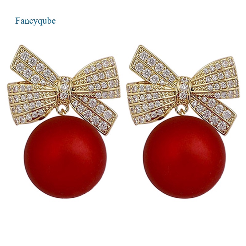 Fancyqube Anting Stud Kristal Mutiara Berlian Imitasi Model Pita Bunga Cherry Merah Untuk Wanita