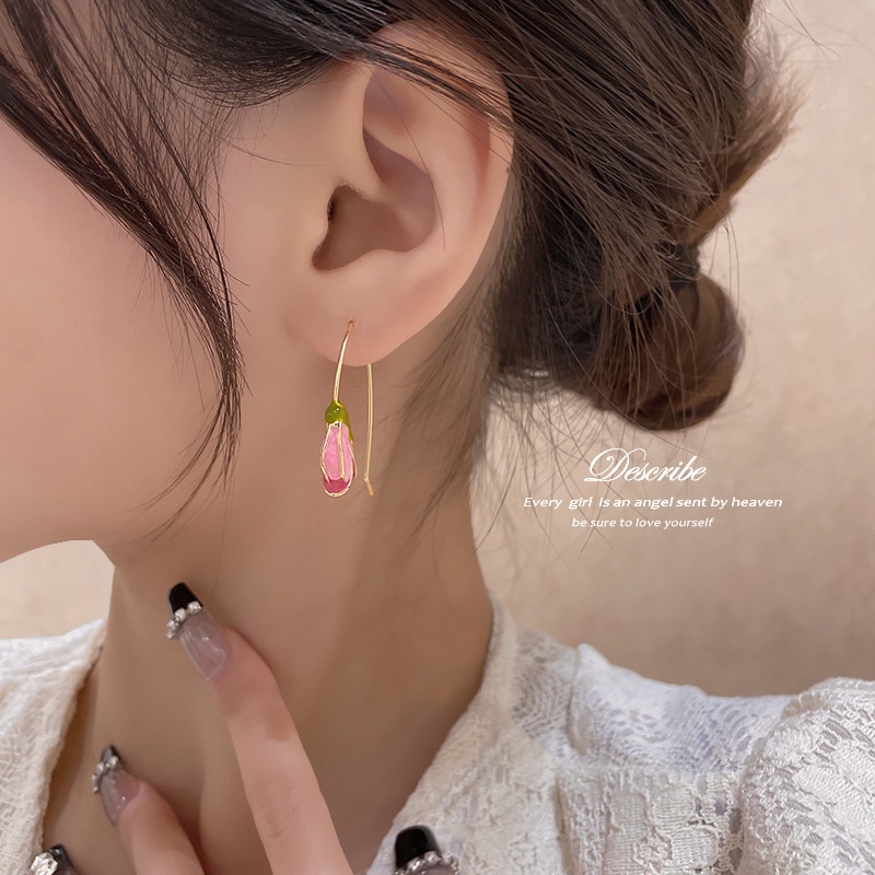 Anting Dan Kalung Rantai Liontin Hati Tulip Peach Warna Pink Gaya Korea Untuk Wanita