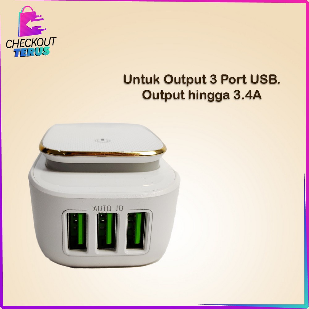 CT C464 Charger 3 USB Pengisi daya Adaptor Port Charger USB dengan Lampu Led Tidur Hemat Energi