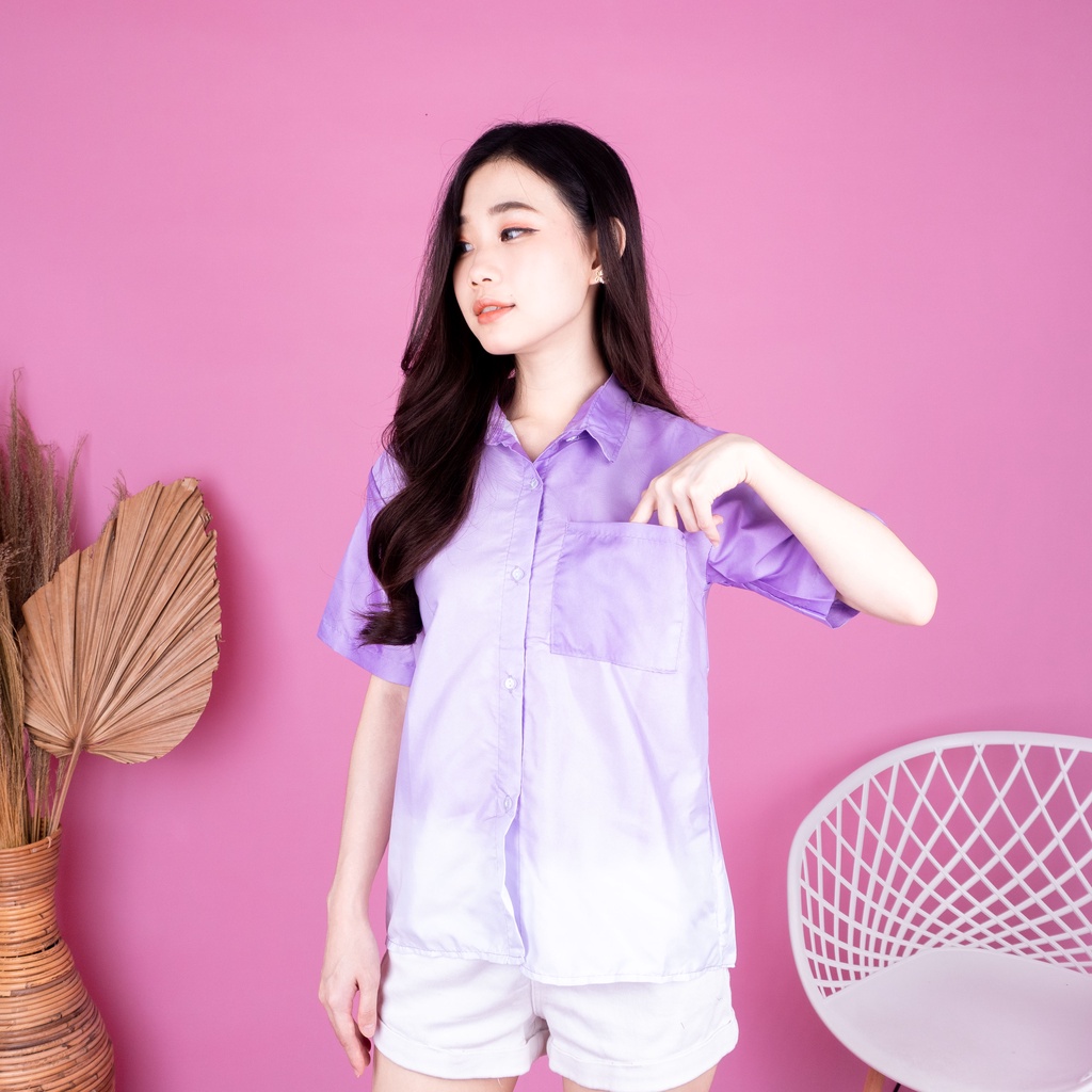 VS - KEMEJA HAWAI POLOS UNISEX KATUN TIE DYE LILAC KEMEJA LENGAN PENDEK