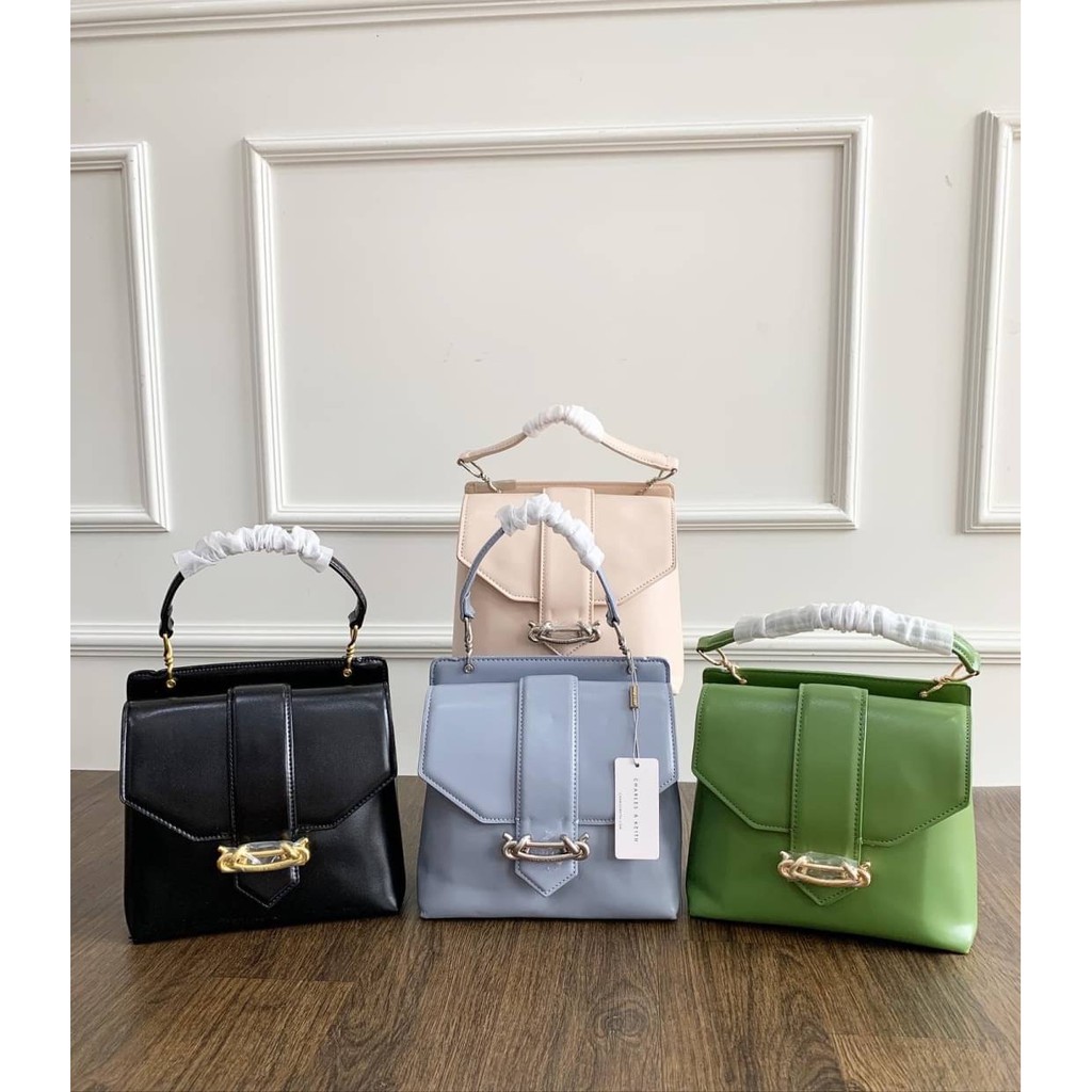 Tas Wanita Import Ori CK Metallic Accent Front Flap Top Handle Bag