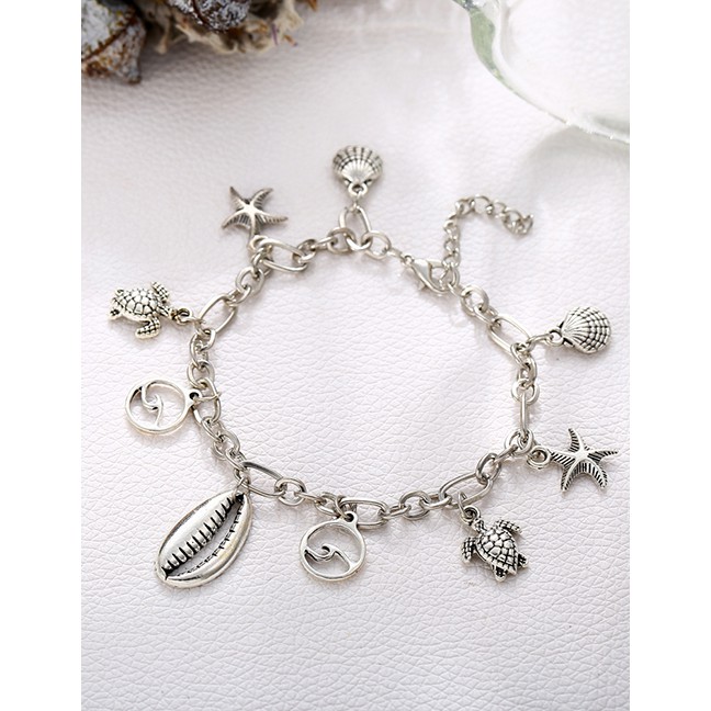 LRC Gelang Kaki Fashion Silver Starfish Wave Shell Anklet F74485