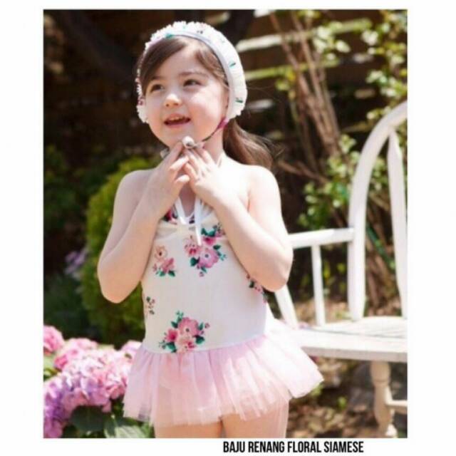 Baju Renang / Swimsuit Motif Bunga Putih Pink Cantik Cute Murah Impor Bayi Anak Perempuan Cewek