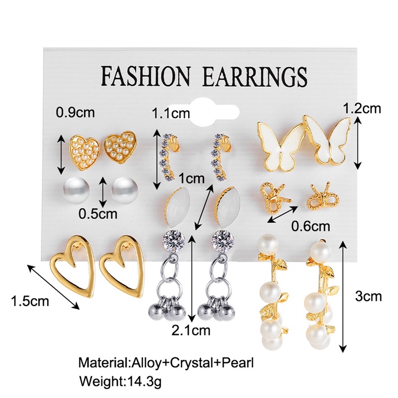 9 Pasang / Set Anting Tusuk / Bulat / Bulat / Rantai / Hati / Kupu-Kupu Bahan Alloy Warna Gold Untuk Wanita