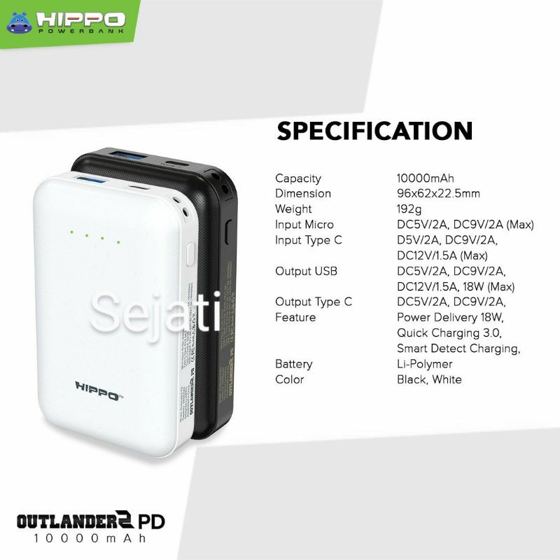 Powerbank 10000 mah Hippo Outlander 2 PD Quick Charge Fas Charging Original