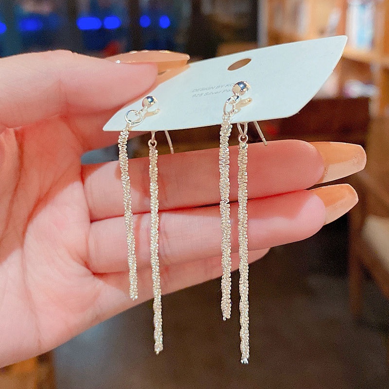 Anting Gantung Panjang Tusuk Silver Sterling 925 Aksen Rumbai + Kilau Untuk Perhiasan Wanita