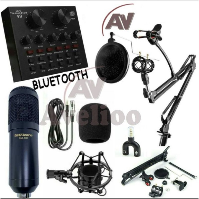 PAKET LENGKAP MIC CONDENSER BM 800 + STAND + SOUNDCARD V8