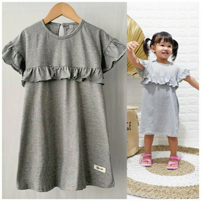 [GRATIS ONGKIR] Dress Anak Perempuan Baju Daster Anak Cewek Kaos Katun Hijau Army - Abu, Size 5 Tahu