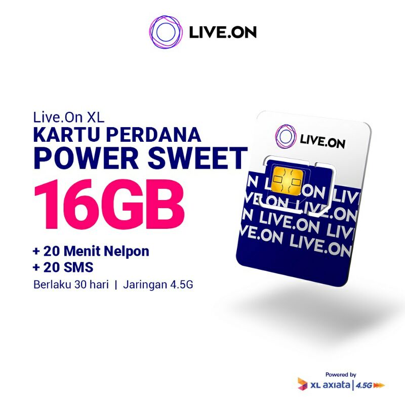 kartu perdana live.on XL POWER 16gb,13gb dan 12gb 30Hari plus bonus log in 1gb,kuota full 24 jam