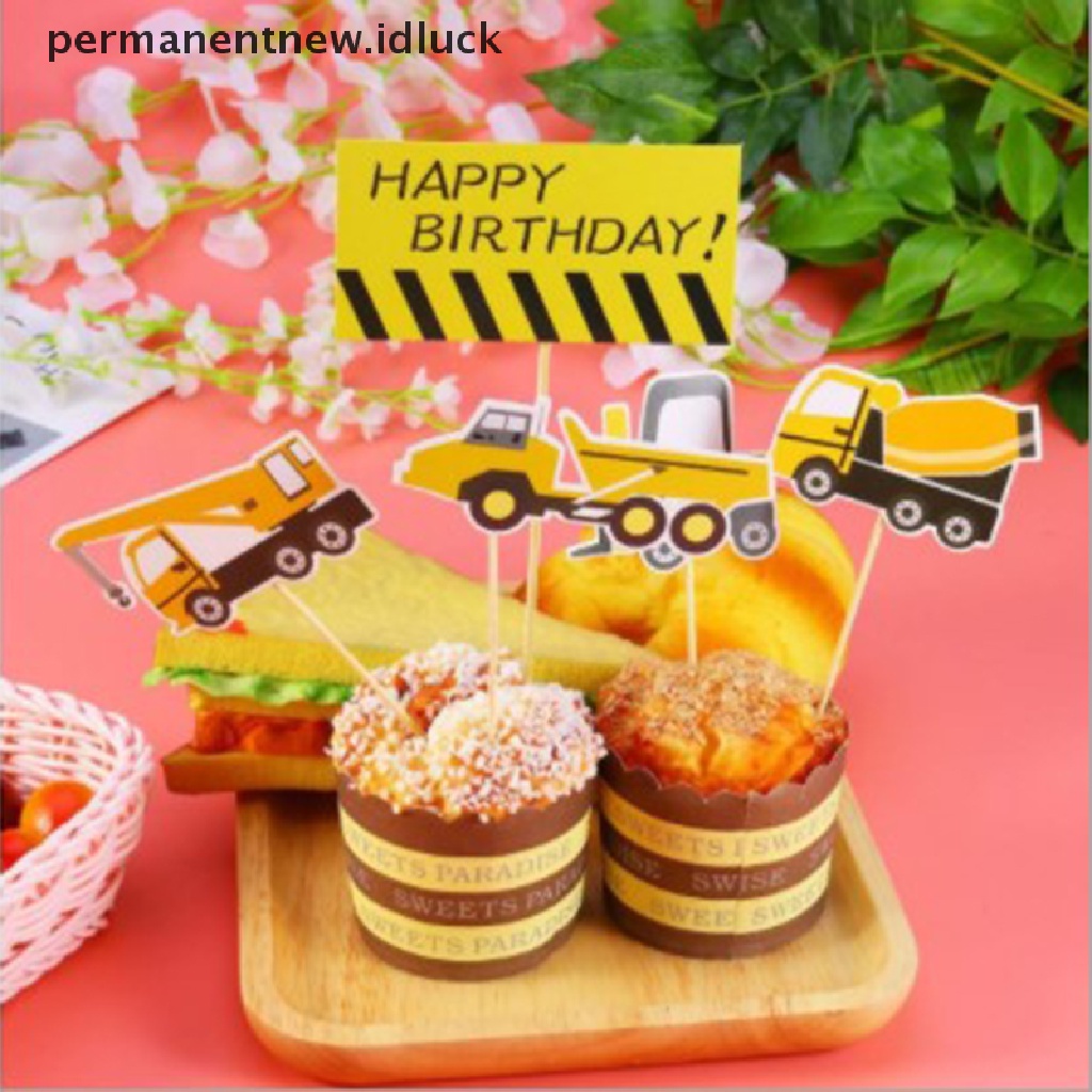 7pcs Topper Kue Desain Konstruksi Excavator Untuk Perlengkapan Pesta Ulang Tahun