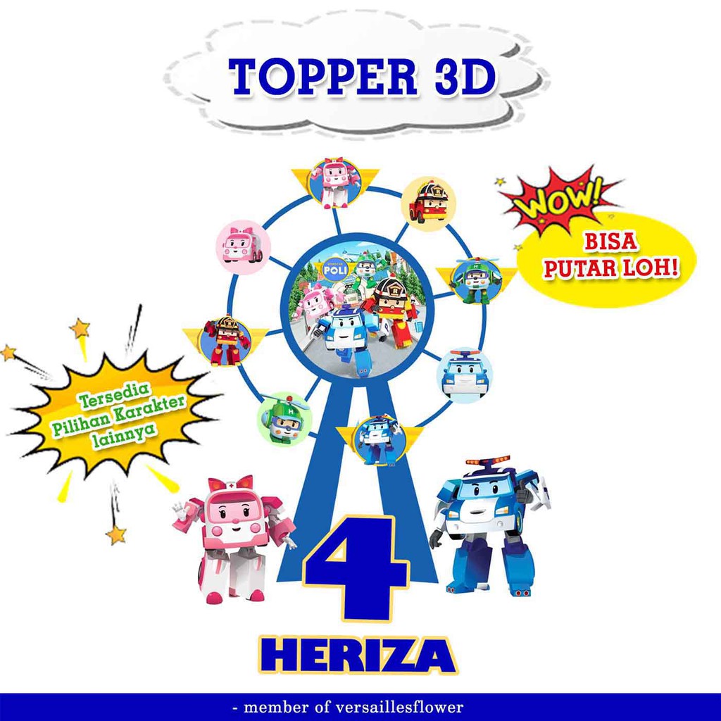 Cake Topper Poli Robocar / Topper kue Robocar Poli 3D Bianglala / Hiasan kue 3D Putar / dekorasi kue