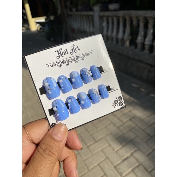 Fake Nail Wedding Murah +Lem warna Biru pastel