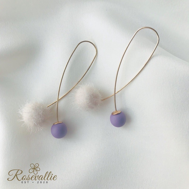 Anting Tusuk Gantung Bola Putih Ungu Import Korea
