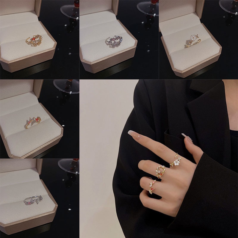 Cincin Jari Telunjuk Lapis Ganda Model Terbuka Dapat Disesuaikan Aksen Hati Bahan Zirkon Untuk Wanita