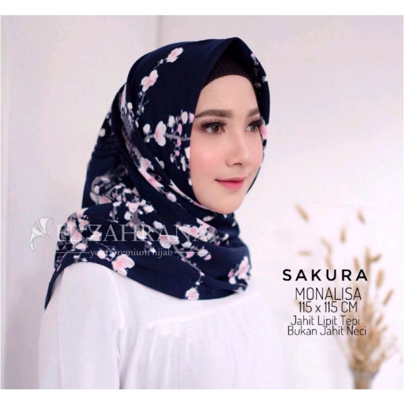 PL EL ZAHRANA HIJAB / JILBAB SEGI EMPAT  PREMIUM MOTIF BUNGA SAKURA