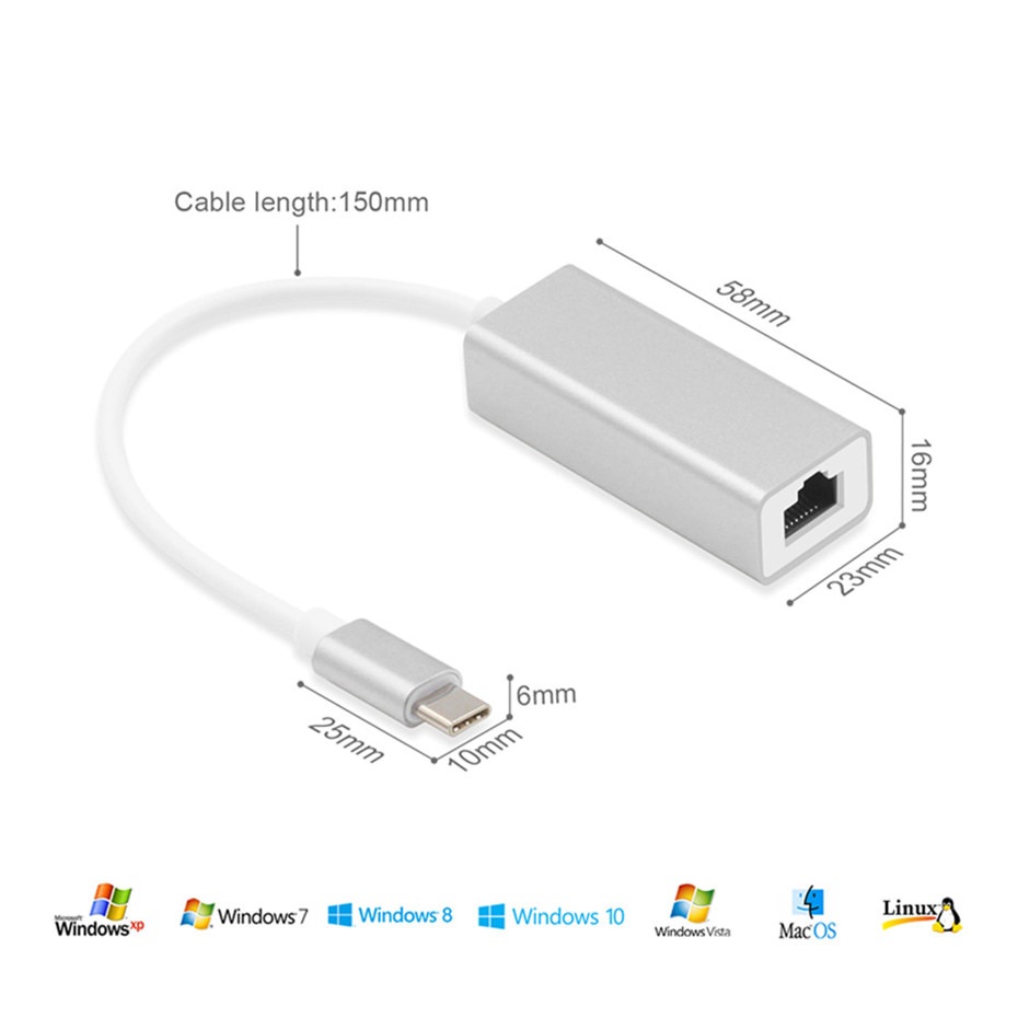 USB Type C Gigabit Lan Adapter RJ45 with 3 Port USB Hub 3.0 - TCH-3S - Silver