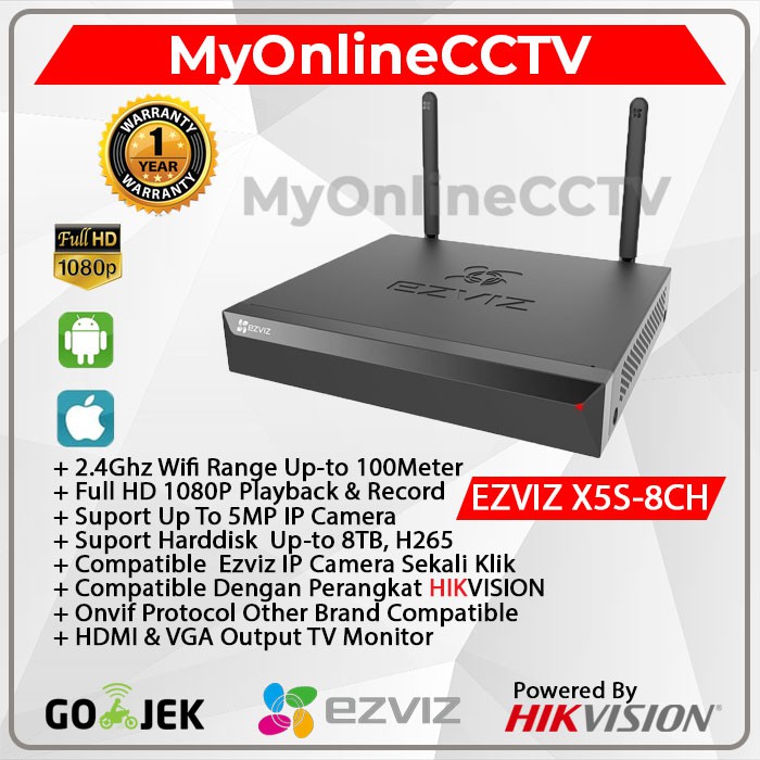 EZVIZ X5S NVR 8Ch Perekam IP Camera Paket CCTV Wireless Wifi By Hikvision